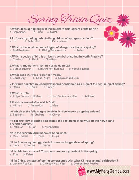 Spring Party Games For Adults, Spring Trivia Questions And Answers, Engagement Committee, Spring Trivia, Trivia Poster, Mini Dates, Spring Party Games, Plant Swap, Games For Ladies