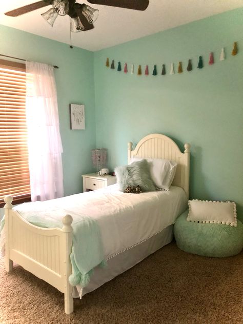 Boho with Sherwin Williams’ waterfall walls Sherwin Williams Riverway Bedrooms, Sherwin Williams Girls Bedroom Colors, Sherwin Williams Waterfall, Sherwin Williams Mountain Stream, Sherwin Williams Aquaduct, Waterfall Bedroom, Boho Paint Colors, Colors Bedroom, Irish Theme