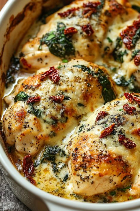 Baked Tuscan Chicken Casserole Italian Chicken Bake Casserole, Spinach Dishes Dinners, Good Chicken Dinners, Spinach Chicken Bake Recipes, Chicken Dishes For Dinner Baking, Savory Baked Chicken Recipes, Fancy Dinner Casseroles, Baked Dishes For Dinner Healthy, Chicken Recipes For Oven