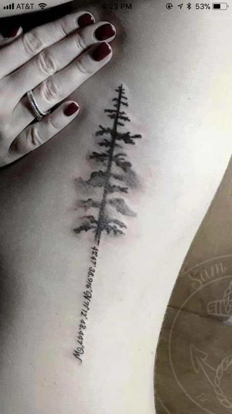 The coordinates to alpine Pine Tattoo, Tattoo Son, Coordinates Tattoo, Pine Tree Tattoo, Kunst Tattoos, Inspiration Tattoos, E Tattoo, The Trunk, Time Tattoos