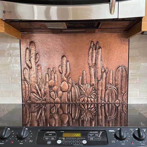 Southwestern Symbol Cactus Copper Artwork, Arizona State's Symbol Metal Decor, Indoor and Outdoor Decorative Tile, Hand-Hammered Mural Art 100% HANDMADE COPPER KITCHEN BACKSPLASH TILE - I am a coppersmith. - My art is traditional copper craftsmanship, also called chasing and repousse. - I make hand-hammered copper kitchen backsplash tiles. - All my products are made with real copper, love, and patience. - It takes me many days, and thousands of hammer strokes to create each new copper artwork. AVAILABLE IN ANY SIZE - I always make my pieces to exactly fit the specific space. I can scale my designs; horizontal, vertical, or square-shaped backsplashes are available. - Measure the space of the kitchen backsplash over your stove. - Then you may pick one of the existing size options from the dr Copper Tile Backsplash, Copper Kitchen Backsplash, Copper Artwork, Copper Backsplash, Desert Life, Nature Inspired Decor, Copper Accents, Wall Candle Holders, Backsplash Tile