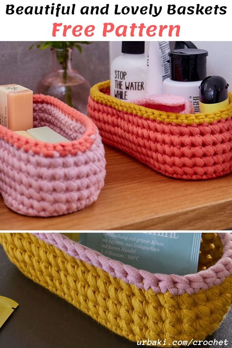 Crocheted baskets are practical and they are quick to make, so they are also a fantastic gift idea. Just work spiral rounds of single crochet, using a size 8 mm hook. Add the final round in a contrasting color and you’re done! These special baskets of Cotton Jersey yarn are oval in shape so they don’t take up too much room. The elastic cotton tape comes in many colors. #crochet #crochetbasket #basket #crochetideas #crochetproject #crochetpattern #urbaki #urbakicrochet Crochet Basket Oval, Jersey Yarn Crochet, Jersey Yarn Projects, Oval Crochet Basket Pattern Free, Crochet Oval Basket, Practical Crochet Projects, Crochet Boxes, Yarn Baskets, Crochet Oval