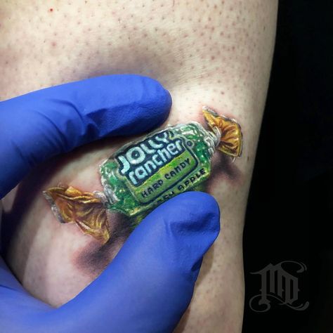 Fun little Jolly Rancher tattoo! What’s your flavor? #actualsize @mdtattoostudio @mdwipeoutz #mdwipeoutz #tinytattoo @jollyrancher Rancher Tattoo, Jolly Rancher Hard Candy, Photo Realism Tattoo, Dystopian Art, Cool Shoulder Tattoos, World Famous Tattoo Ink, Graffiti Wildstyle, Unusual Tattoo, Famous Tattoos