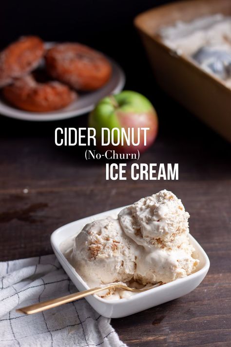 No-Churn Cider Donut Ice Cream in a small white bowl on a dark table with cider donuts and apples in the background. Donut Ice Cream, Cinnamon Donuts, Ice Cream Base, No Churn Ice Cream, Apple Cider Donuts, Soft Serve Ice Cream, Ice Cream Machine, An Ice Cream, Frozen Desserts