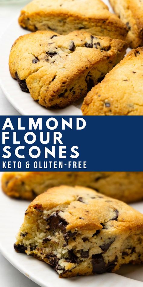 Almond flour scones with chocolate chips on a white plate. Almond Flour Scones, Almond Flour Desserts, Galletas Keto, Pan Keto, Healthy Cakes, Healthier Treats, Gluten Free Scones, Keto Dishes, Scones Recipe Easy