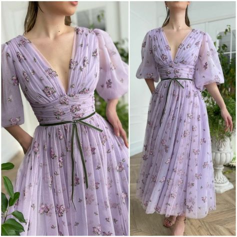 Teuta Matoshi Lavender, Dress Undangan, Teuta Matoshi Dresses, Lavender Midi Dress, Haldi Dress, Teuta Matoshi, Business Dress Women, Fiesta Outfit, Iranian Women Fashion