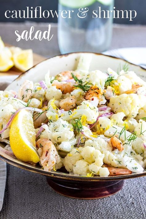 This cauliflower salad with shrimp is surprisingly delicious and simple to make.  We guarantee the unique flavor combination will be a huge hit at any potluck or bbq that you make this for!   Bonus: you can make this cauliflower and shrimp salad well ahead of time because its a chilled salad!   #cookswithcocktails #cauliflowersalad #shrimpsalad #coldsalad #potlucksalad via @CookswCocktails Cookout Salads, Bologna Food, Stomach Rumbling, Salad With Shrimp, Easy Fast Dinner Recipes, Potluck Salad, Easy Roast Chicken, Pan Fried Salmon, Fried Salmon