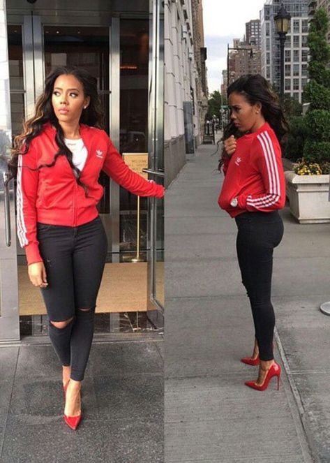 Try this look. It's more me. Little girly and a bit of my tomboy side of me. Adidas Jacket Outfit, Angela Simmons, Sonakshi Sinha, Jacket Outfit, Fashion Killa, Her Style, Look Fashion, Chic Outfits, Casual Chic