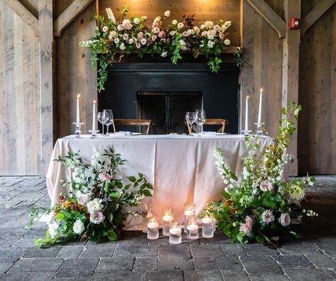 Sweetheart Table Fireplace, Sweetheart Table Wedding Fireplace, Sweetheart Table In Front Of Fireplace, Langdon Hall, Garden Themed Wedding, Wedding Sweetheart Table, Wedding Fireplace, Flower Runner, Table Fireplace