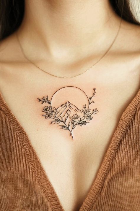 77 Chic and Simple Mountain Tattoo Design Ideas for Every Minimalist – Refined Aesthetique Hip Tattoos Women Mountain, Mountains Leg Tattoo, Wildflower Mountain Tattoo, Eagle And Mountain Tattoo, Arizona Inspired Tattoos, Color Mountain Tattoo, Mountain Flower Tattoo, Matching Mountain Tattoos, Floral Forearm Tattoo Women