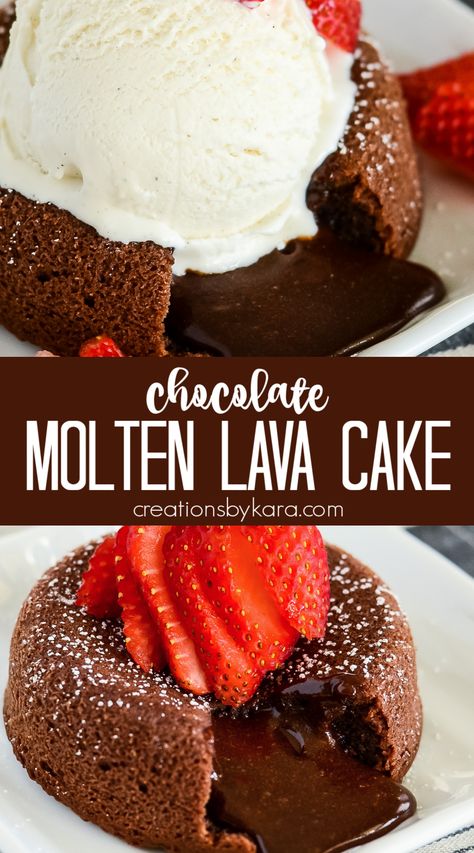 Chocolate Lava Cake is a show stopping restaurant quality dessert that is easy to make right at home. Fudgy warm gooey centers make them unbeatable! #lavacake #chocolatelavacake #moltencake @Creations by Kara Chocolate Molten Lava Cake, Molten Lava Cakes Recipe, Lava Cake Recipe, Molten Lava Cake, Mini Chocolate Cake, Molten Cake, Molten Chocolate Lava Cake, Lava Cake Recipes, Molten Lava Cakes