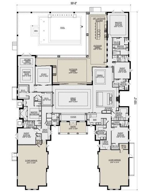 Beachfront Bliss: Coastal House Plans for Your Oasis Luxury House Floor Plans, U Shaped House Plans, One Level House Plans, Multigenerational House Plans, Multigenerational House, 6 Bedroom House Plans, Luxury Floor Plans, 5 Bedroom House Plans, Coastal House Plans