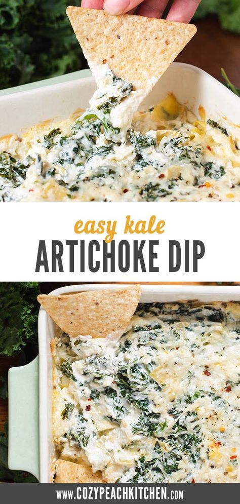 Kale Artichoke Dip is creamy, cheesy and sure to be a crowd-pleaser at any family gathering or game day party! #appetizer #kale #artichokedip Kale Appetizer Recipes, Kale Appetizer, Kale Dip Recipes, Midwestern Food, Kale Dip, Wednesday Dinner, Vegetarian Holiday Recipes, Vegetarian Stuffing, Veggie Dinners