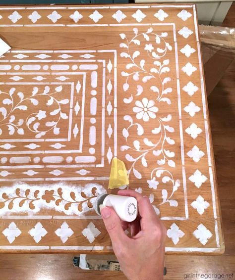 Diy Inlay Mirror, Bone Inlay Stencil, Bone Inlay Diy, Benjamin Moore Philipsburg Blue, Ikea Lack Table Hack, Diy Inlay, Pine Painting, Detroit Apartment, Diy Kallax