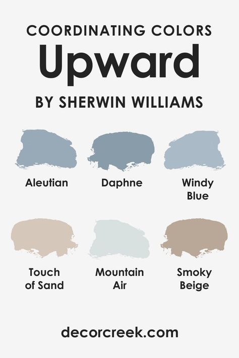 Upward SW-6239  Coordinating Colors by Sherwin Williams Sw Upward, Gray Paint Colors Sherwin Williams, Sand Paint Color, Sherwin Williams Blue, Coastal Wallpaper, Moody Decor, Blue Gray Paint, House Color Palettes, Roof Colors