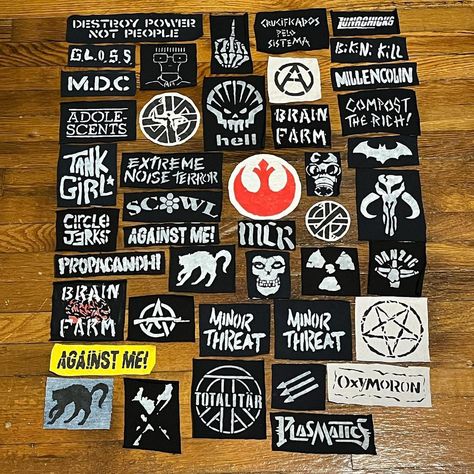 Ideas For Patches, Punk Rock Patches, Crust Patch Ideas, Punk Symbols Meaning, How To Make Patches Punk, Battle Jacket Diy Punk Patches, Patch Ideas Clothing, Homemade Patches Punk, Patch Design Ideas Punk