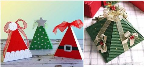 gift-box-christmas1 Triangular Box Template, How To Make Triangle Boxes, Diy Christmas Pyramid, Triangle Gift Box Diy, Hexagon Gift Box Tutorial, Box Template Printable, Origami Gifts, Christmas Patchwork, Origami Patterns