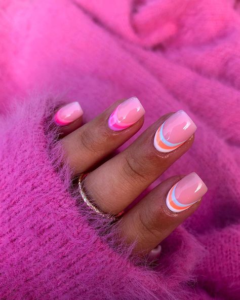 Color Short Nails, Coffin Short Acrylic Nails, Short Acrylic Nails Almond, Nails Pink Blue, Almond Acrylic Nail, Nails Almond Acrylic, Summer Nails Pink, Nails Coffin Short, Acrylic Nails Almond