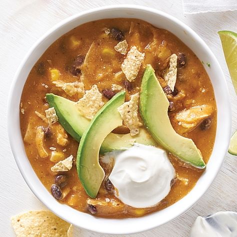 Black Bean Tortilla Soup, Bean Tortilla Soup, Black Bean Tortilla, Roasted Salsa, Restaurant Style Salsa, Tortilla Soup Recipe, Cheese Snacks, Avocado Slices, Corn Chips