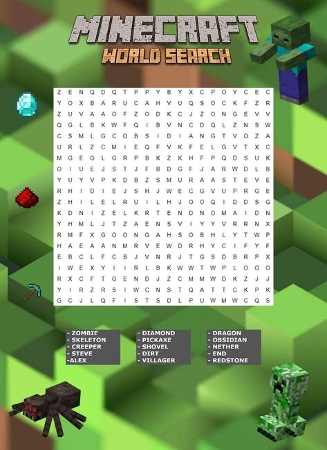 Minecraft Word Search, Minecraft Activity Sheets, Minecraft Games For Birthday Parties, Minecraft Activities For Kids, Minecraft Themed Birthday Party, Minecraft Printables Free, Minecraft Activities, Minecraft Party Printables, Printable Minecraft