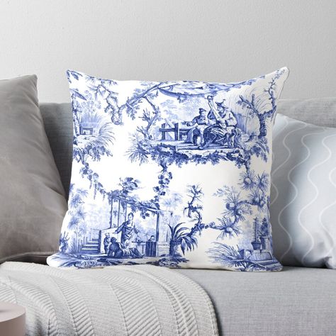 "Blue Chinoiserie Toile" Throw Pillow by TheChinoiserie | Redbubble French Glam Decor, Blue Ginger Jars, Bedding Throw Pillows, Toile Pillows, Blue And White Pillows, Chinoiserie Motifs, Blue Chinoiserie, Blue White Decor, French Toile