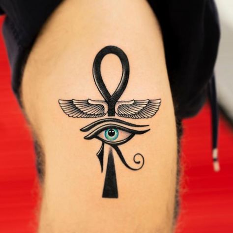 Eye of horus and Ankh cross with wings tattoo Egyptian Tattoo For Women, Ankh Tattoos, Cross With Wings Tattoo, Symbolism And Meanings, Egypt Tattoo Design, Egyptian Eye Tattoos, Ankh Tattoo, Meaning Art, Horus Tattoo