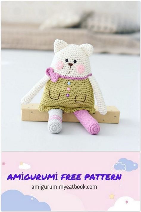 Amigurumi Cute Cat Free Crochet Pattern - Amigurumi Free Patterns Amigurumi Cat Free Pattern, Cat Free Crochet Pattern, Crochet Cat Pattern, Crochet Pattern Amigurumi, Crochet Animal Patterns, How To Start Knitting, Crochet Bear, Baby Yarn, Crochet Cat