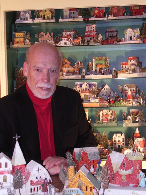 The History of the Putz Village - The Golden Glow of Christmas Past® Vintage Putz Houses Christmas Villages, Putz Village Display, Putz Houses Vintage, Dept 56 Dickens Village Display Ideas, Gingerbread House Display Ideas, House Display Ideas, Putz House Display, Putz Houses Display, Putz Village