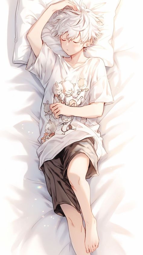 Anime Guy Sleeping, Anime Full Body Drawing Art, White Hair Boy Anime, Young Anime Boy, Sleeping Anime, Anime White Hair Boy, Guys With White Hair, Boy With White Hair, White Hair Anime Guy