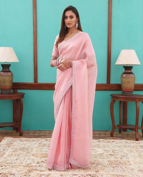 pink colour saree Pink Colour Saree, Pink Organza Saree, Baby Pink Saree, Haldi Ceremony Outfit, Sari Shop, Sequence Embroidery, Baby Pink Colour, Light Pink Color, Organza Saree