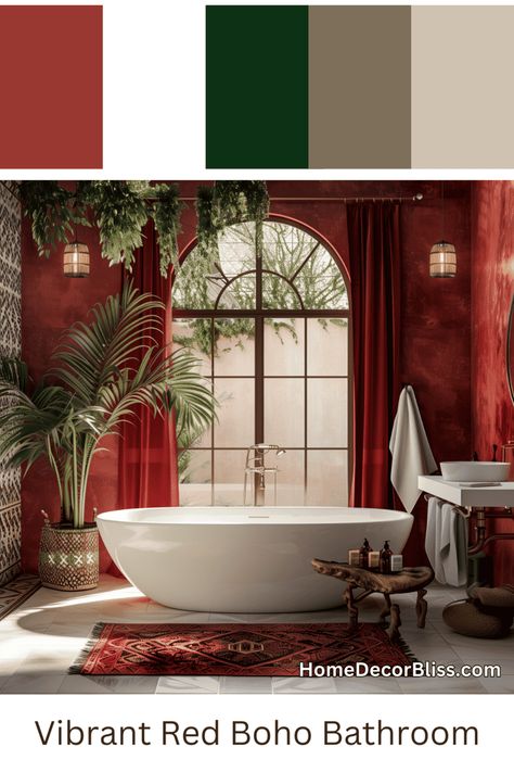 Boho Bathroom: Vibrant Red Accents in a Spacious Setting Red Boho Bathroom, Room With Red Accents, Bohemian Style Bathroom, Red Bathroom Accessories, Natural Wood Accents, Boho Bathroom Ideas, Bohemian Interiors, Lush Plants, Bohemian Bathroom