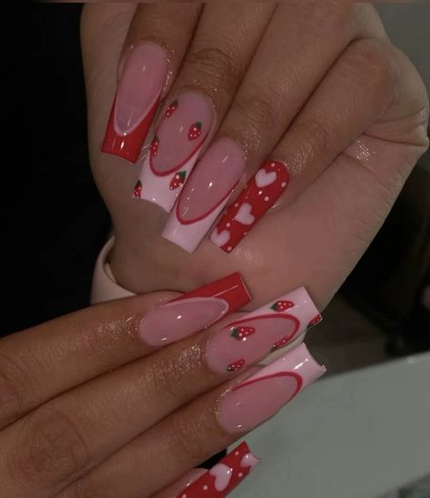 Strawberry Theme Nails Acrylic, Fresita Nail Ideas, Pink And Red Strawberry Nails, Strawberry Heart Nails, Cute Nails Strawberry, Strawberry Nails Acrylic Short, Nail Ideas Strawberry, Acrylic Nails Strawberry, Strawberry Shortcake Nails Designs