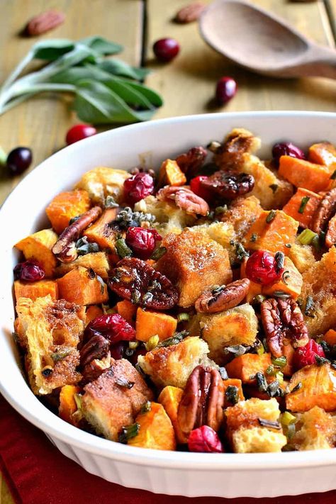 A whole new take on stuffing! This Sweet Potato Cranberry Pecan Stuffing is a little bit sweet, a little bit savory, and the perfect addition to your Thanksgiving or Christmas table! Recipes With Pecans, Pumpkin Breakfast Bake, Cranberry Pecan Stuffing, Gluten Free Alternatives, Sweet Potato Cranberry, Traditional Stuffing, Thanksgiving Stuffing Recipes, Pumpkin Breakfast, Stuffing Recipes For Thanksgiving