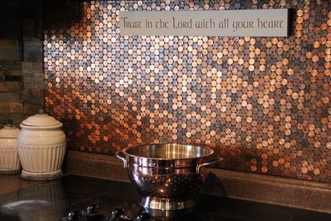 Kitchen: Penny Stove Backsplash...For the Love of Copper! - Forget Him Knot Penny Wall, Countertop Concrete, Penny Backsplash, Copper Kitchen Backsplash, Penny Floor, Backsplash Diy, Stove Backsplash, Copper Backsplash, Copper Tiles