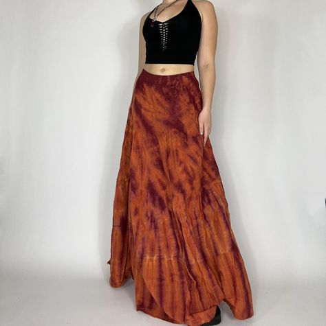 Restocks this week 🧚‍♀️ The Zyri pants, Amelia skirts, and Isla tops Tie Dye Wrap Skirt, Orange Skirt Outfit, Nebula Dress, Orange Maxi Skirt, Long Brown Skirt, Hippie Rock, Hippie Skirt, Tie Dye Maxi Skirt, How To Tie Dye