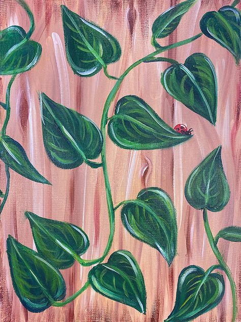 Rose Vine Painting, Green Colour Painting, Vines On Wall Drawing, Vine Painting Simple Canvas, Painted Vines And Flowers, Painted Vines On Wood, Flower Vine Painting Simple, Easy Vine Painting, Simple Garden Painting