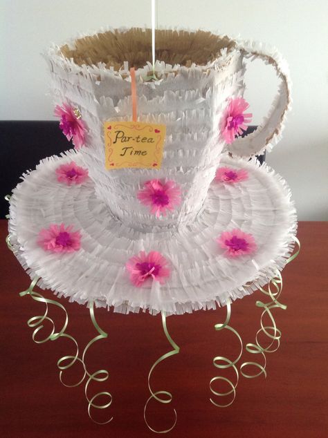 DIY Tea cup piñata I made for my daughter's 6th birthday princess tea party! Tea Cup Pinata, Cup Pinata, Tea Party Games For Kids, Diy Tea Cup, Chip Costume, Girls Tea Party Birthday, Princess Tea Party Birthday, Tea Party Crafts, Easter Tea Party