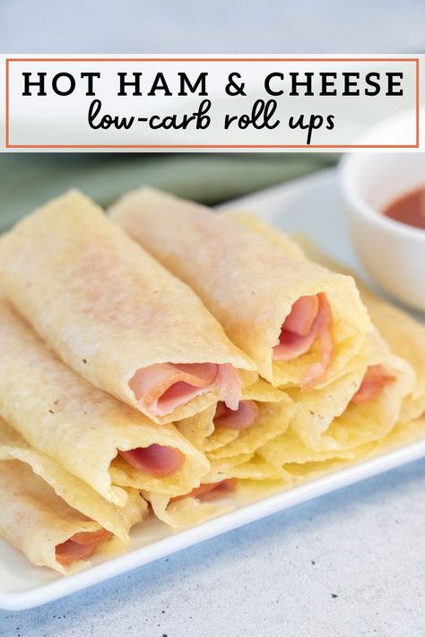 This pin shows stacked hot ham and cheese keto roll ups on a plate with Ortega dipping sauce in the back. Low Carb Roll Ups, Deli Ham Recipes, Swiss Cheese Recipes, Ham Cheese Rolls, Hot Ham And Cheese, Cheese Roll Ups, Ham And Cheese Roll Ups, Cheese Roll Recipe, Gluten Free Ham