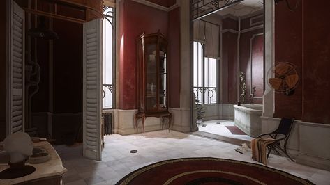 Manor Bathroom, Manor Aesthetic, Spooky Bathroom, Bathroom Victorian, Wayne Manor, Dishonored 2, Scary Houses, Aesthetic Interior, Victorian Bathroom