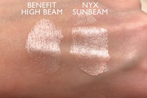 Benefit High Beam Liquid Highlighter Dupes - All In The Blush Benefit High Beam, Benefit Highlighter, High Beam Benefit, Nyx Born To Glow, Liquid Highlighter, Benefit Cosmetics, Makeup Swatches, High Beam, Ulta Beauty