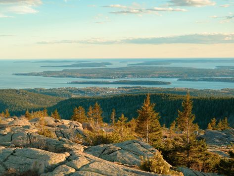 Sunset view from Penobscot Mountain in Acadia National Park on Mount Desert Island, Maine Mount Desert Island, Sunset View, Hotel Motel, Desert Island, Acadia National Park, Posters Framed, Sunset Views, Image House, City Skyline