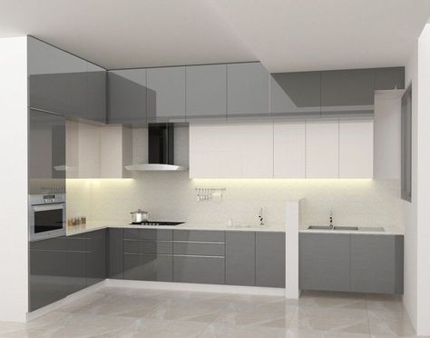 Modern Acrylic Kitchen Design, Acrylic Kitchen Designs, L Shape Kitchen Interior Design Modern, Acrylic Kitchen Cabinets Colors, Acrylic Kitchen Cabinets Modern, C Shaped Kitchen, White And Silver Kitchen, Modular Kitchen Design L Shape, Acrylic Modular Kitchen Design