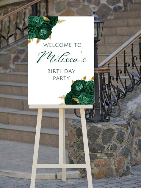 Editable emerald green and gold birthday welcome sign, perfect for your next birthday party or birthday dinner. This floral welcome poster can be edited yourself using Canva. Print at home or take completed file to your local print shop and have them print. Print size is 18x24.  All the wording is editable. Details: emerald green and gold birthday party welcome sign, floral design. Wording can be changed to accommodate all the great milestone birthdays such as 18th birthday 21st birthday, 30th birthday, 40th birthday, 50th birthday, 60th birthday and so on! HOW IT WORKS: ♥ Once purchased, you will receive a link that will take you to Canva.com where you will be able to edit the template. You will be able to edit wording, font, and font size,  Save your template and download. You can use th Black And Emerald Green Birthday Party, 21st Birthday Ideas Green And Gold, Emerald Green Birthday Party Ideas Simple, Emerald Green 50th Birthday Party, Green White And Gold Birthday Party, Emerald Green Birthday Decorations, Emerald Green And Gold Graduation Party, Emerald Green Black And Gold Party Decorations, Emerald Green Birthday Decor