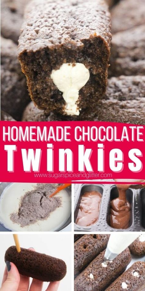 Homemade Chocolate Twinkies recipe is a fun twist on the classic snack cake - and in my opinion, they taste way better than the originals! This recipe features a simple homemade chocolate sponge cake filled with semi-homemade marshmallow cream filling. Chocolate Twinkie Cake Recipe, Twinchies Ideas, Twinkie Filling, Twinkie Recipe, Marshmallow Cream Filling, Homemade Twinkies, Chocolate Twinkie, Twinkies Recipe, Twinkie Cake