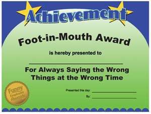 mouth foot certificate Funny Teacher Awards, Most Likely To Awards, Funny Office Awards, Funny Employee Awards, Funny Awards Certificates, School Awards Ceremony, Funny Certificates, Staff Awards, Office Awards