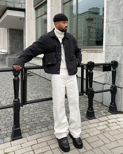 150 Winter Outfits Men Streetwear: Stylish Ideas for 2024 – Grand Goldman Chunky Boots Outfit Men, Chunky Loafers Outfit Men, Men Boots Outfit Street Styles, Loafers Streetwear, Turtleneck Outfit Men, Winter Outfits Men Streetwear, Black Loafers Outfit, Outfits Men Streetwear, Turtleneck Outfit