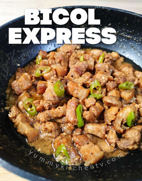 Bicol Express Recipe, Filipino Barbecue, Filipino Ulam, Pilipino Recipe, Cha Recipe, Babyback Ribs Recipe, Bicol Express, Ginger Shrimp, Braised Pork Chops