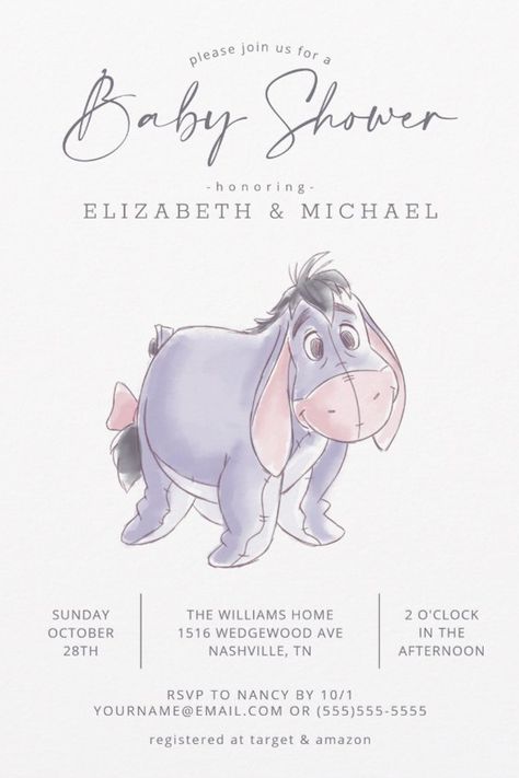 Watercolor Eeyore Baby Shower Invitation
Invite all your family and friends to your Baby Shower with these classic Winnie the Pooh Baby Shower invitations featuring Eeyore. Personalize by adding all your shower details! Spring Baby Shower Themes, Baby Shower Party Themes, Baby Shower Party Invitations, Winnie The Pooh Baby Shower, Classic Winnie The Pooh, Spring Baby Shower, Pooh Baby, Baby Shower Inspiration, Baby Shower Planning