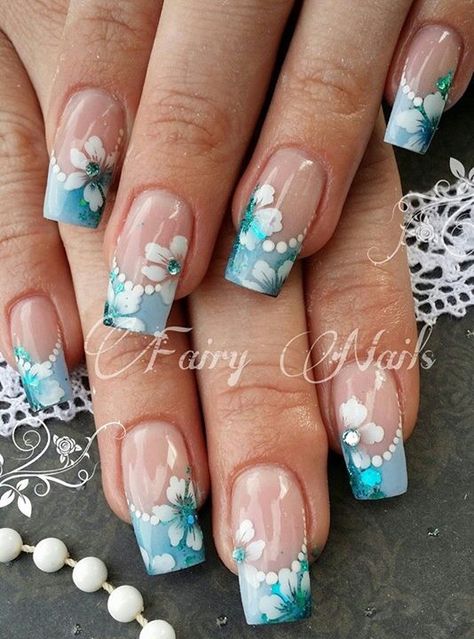 Turquoise French-Nails Nail Glam, Teal Nails, Gel Nail Art Designs, Teal Flowers, Pretty Nail Art Designs, Design Nails, Turquoise Flowers, Pretty Nail Art, Flower Nail Art