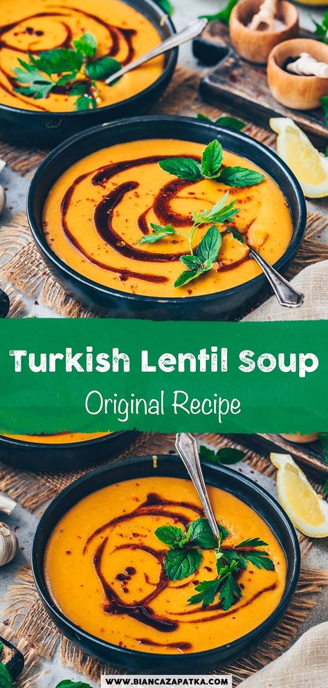 Red Lentils Soups, Vegan Turkish Recipes, Turkish Lentil Soup, Turkish Lentil Soup Recipe, Turkish Red Lentil Soup, Yellow Lentil Soup, Red Lentil Soup Recipe, Vegan Bbq Recipes, Turkish Restaurant